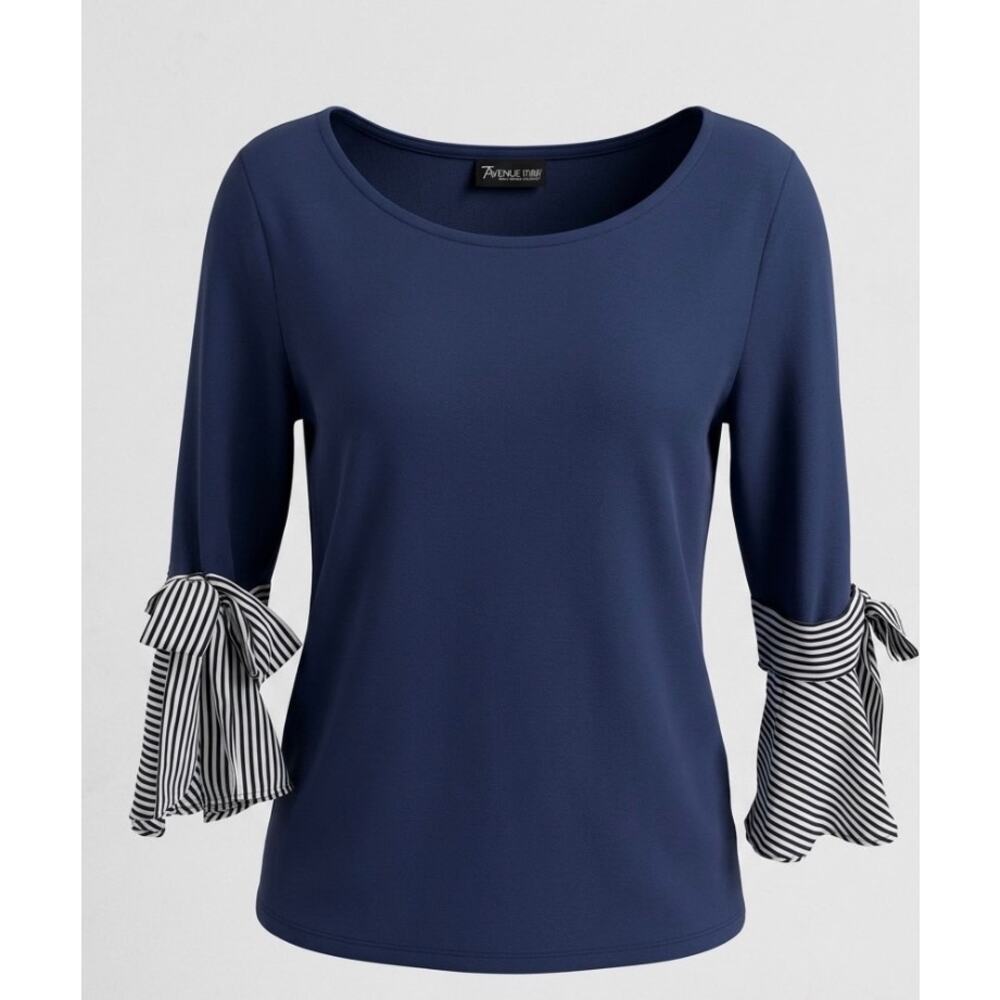 7th Avenue Design Studio | Navy Bell Sleeve with Striped Ruffle 3/4 Sleeve Large